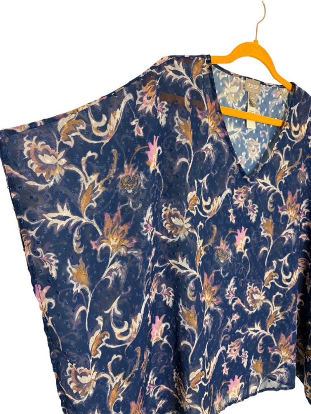 Chicos Sheer Dolman Top Blouse Shirt Asymmetrical Paisley Floral Blue S M - Picture 3 of 8